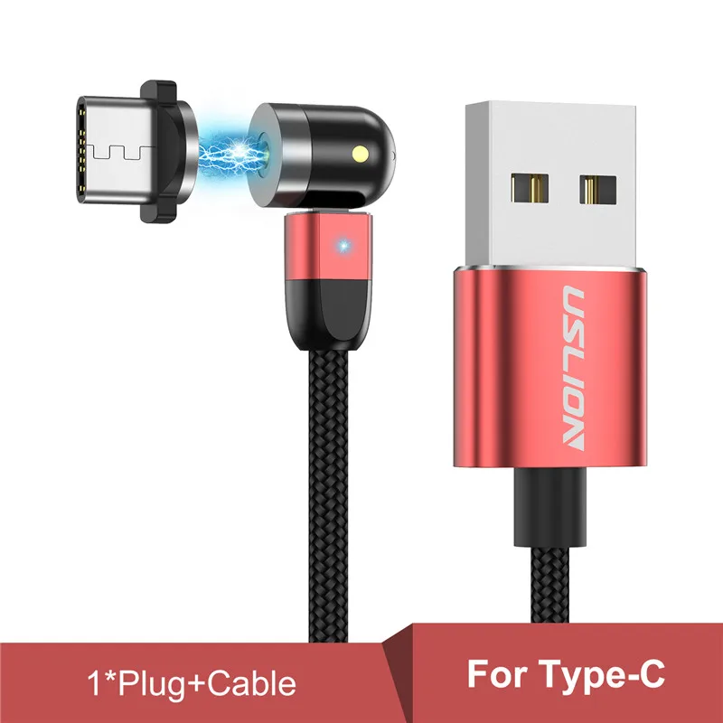 Магнитный usb-кабель USLION, кабель для быстрой зарядки типа C, Магнитный зарядный кабель Micro USB для мобильного телефона, USB шнур, новинка, вращение на 360 °+ 180 ° - Цвет: For Type C Red