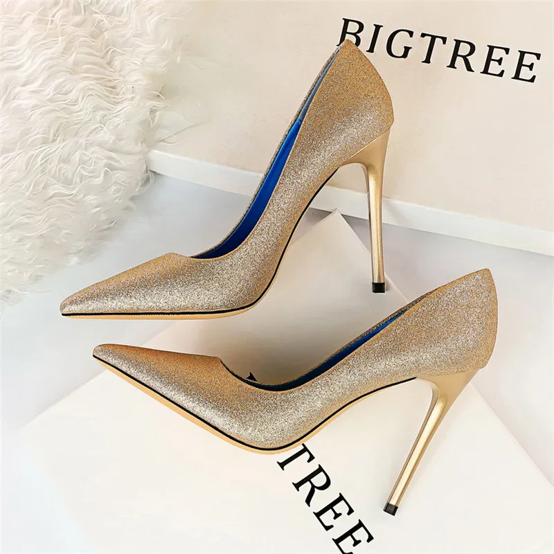 BIGTREE 10,5 см Bling выходные женские туфли-лодочки платье шпильки острый носок женские туфли на низком каблуке Женская обувь в деловом стиле на высоком каблуке для ночного клуба - Цвет: Champagne