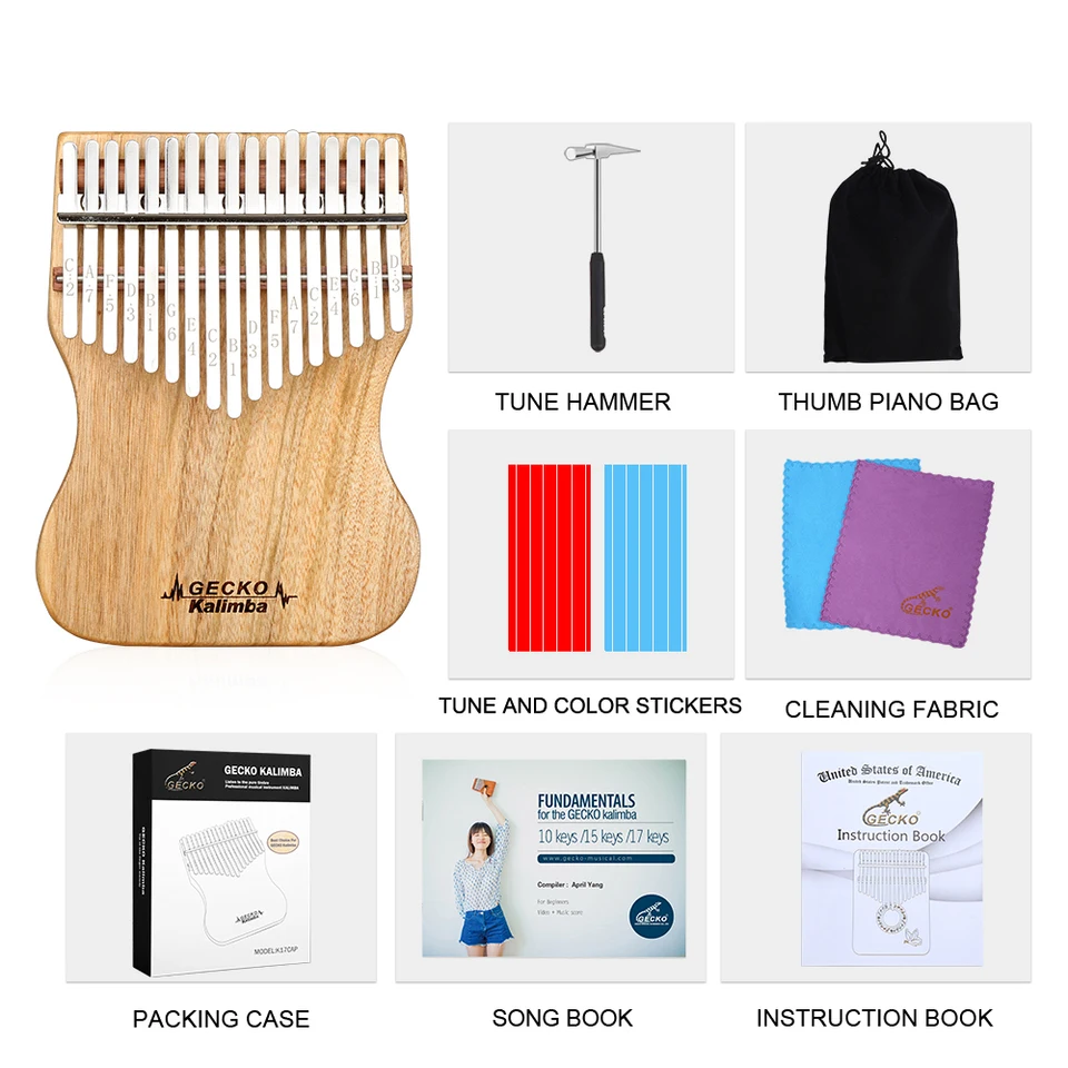 Gecko-17キーフルベニヤcamp脳ウッドカリンバ、指示とチューンハンマー