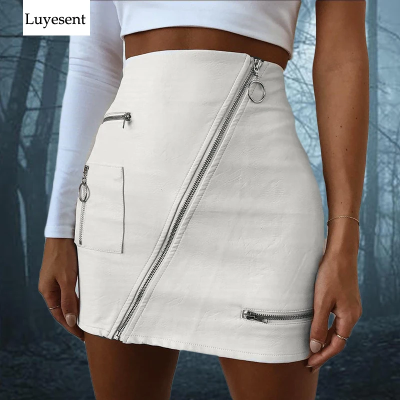 

White Goth Women Mini Skirts 2020 Summer Female Skew Zippers Cool Gothic Punk Hipster High Waist Office Lady Elegant Retro Skirt