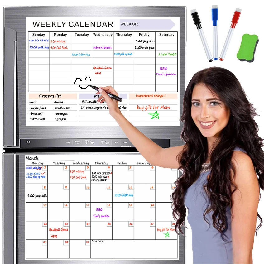 

Dry-erase Magnetic White Board for Fridge Sticker Monthly Calendar Whiteboard Refrigerator Message Board Grocery Weekly Planner