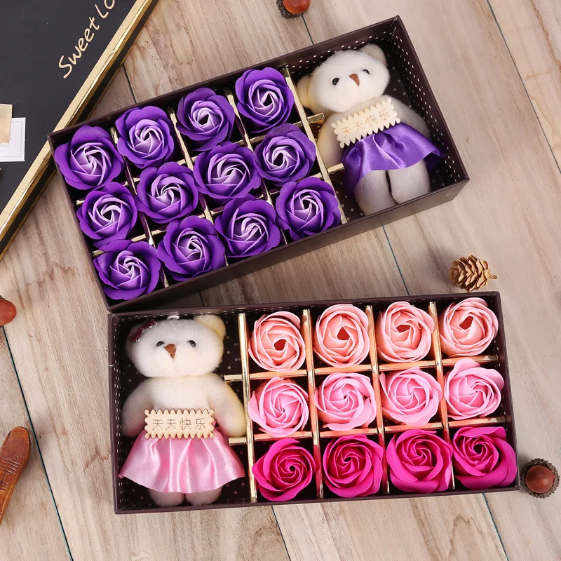 

Valentine' Gift 12 Red Artificial Rose Soap Flower Gift Box Bear Children Teacher's Day Birthday Gift a Generation of Fat