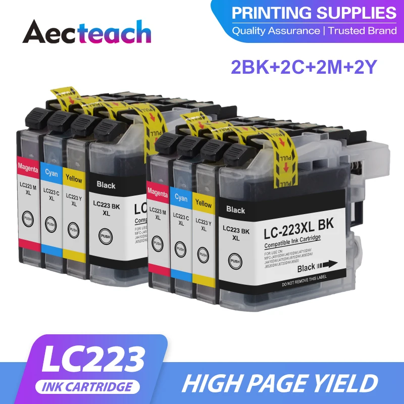 Aecteach new LC223 LC221 Compatible Ink Cartridge For Brother LC223XL  MFC-J4420DW J4620DW J4625DW J480DW J680DW J880DW Printer