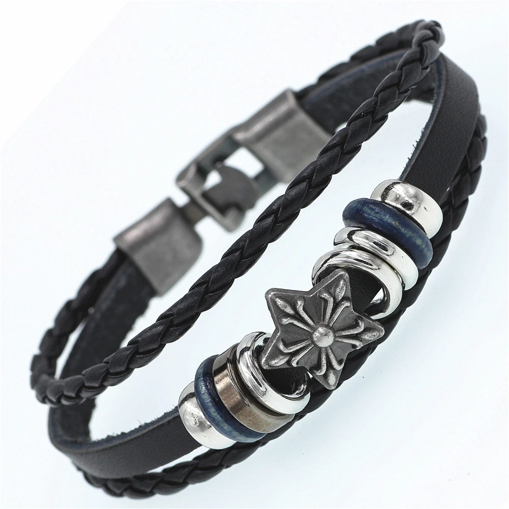 2021 Multilayer Bracelet Men Casual Fashion Braided Leather Bracelets For Women Wood Bead Bracelet Punk Rock Men Jewelry.