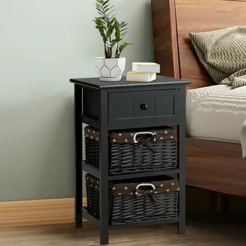 

Modern Sturdy and Stable Frame Bedroom Furniture Nightstands 3 Layer 1 Drawer Nightstand End Table with 2 Baskets HW53924BK