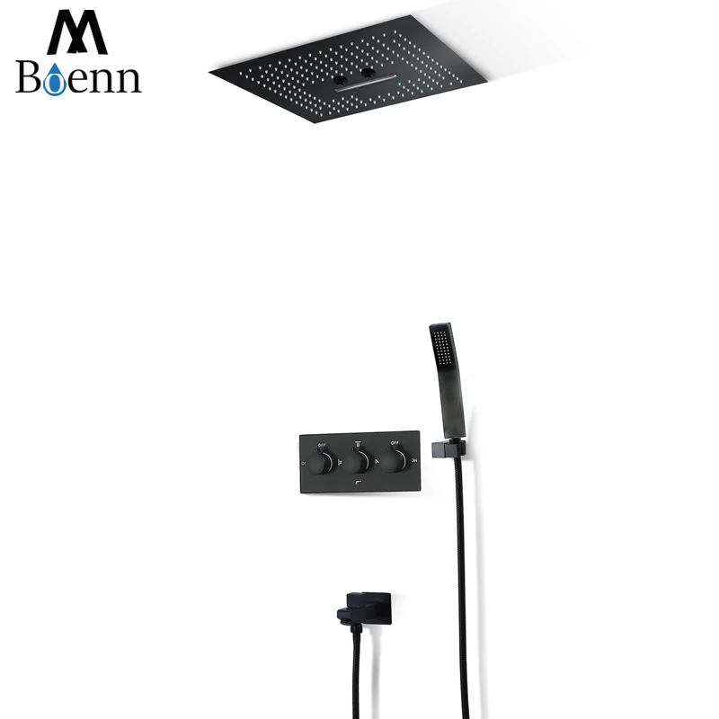

Embedded Ceiling Mounted Shower Faucets Set 16 Inch Rainfall Shower Head Waterfall LED Shower Set LED Light Black Shower