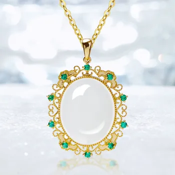 

Vintage carving white jade gemstones emerald zircon diamonds pendant necklaces for women gold color jewelry bijoux bague party