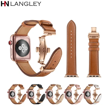 

Genuine Leather Strap Butterfly Buckle for Apple Watch 44MM 40MM Leather Loop Replacement Bracelet for iWatch 4 3 21 Wristband