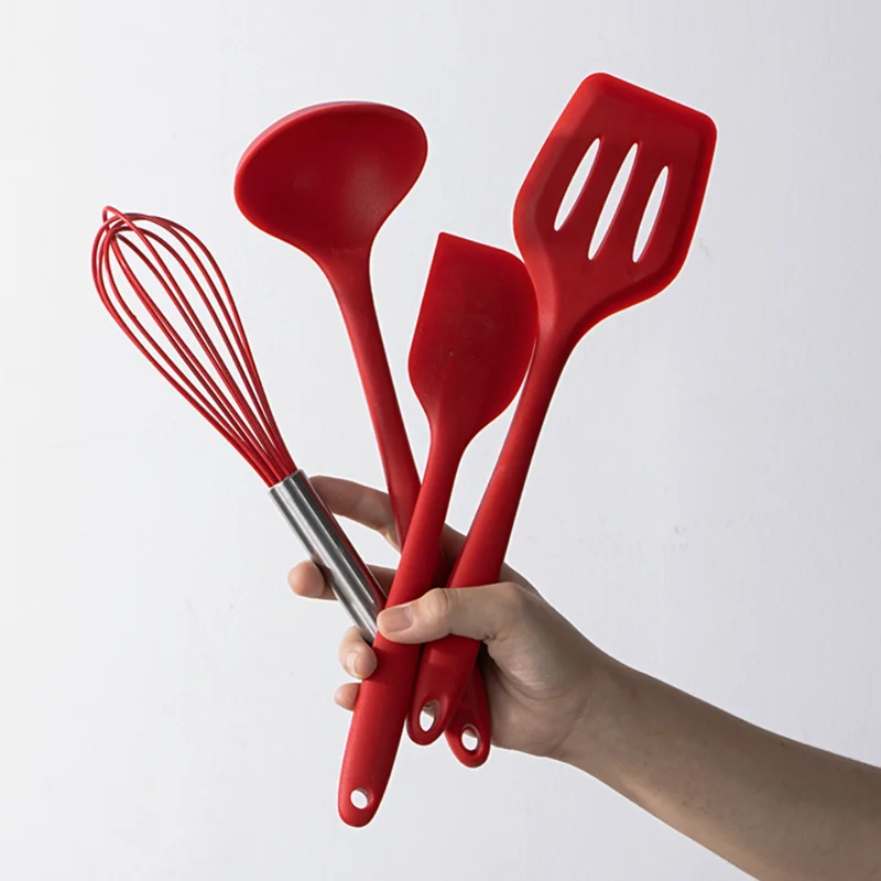 US $23.81 10pcs Silicon Spatula Kitchen Tools Set Utensils High Temperature Resistant Red Scraper Oil Brush Food Clip Cooking Scoop