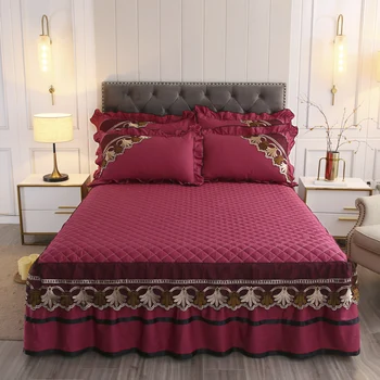 

100% Cotton Lace Quilted Bedspread Set Luxury King Size Queen Double Bed Cover Solid Fitted Sheet with Pillow Shams 3pcs