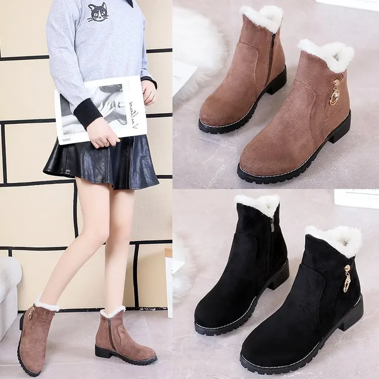 chic rhinestone metal pendant snow boots nubuck flock plush warm round toe non-slip martin booties thicken chunky side zip boots