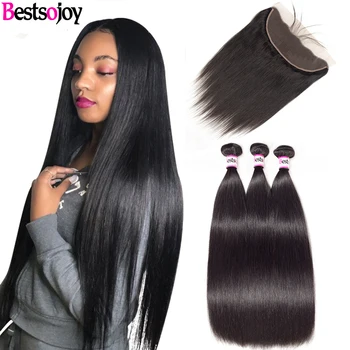 

Bestsojoy Straight Hair With Bundles 13x4 Lace Frontal Remy Straight Human Hair Bundles With Ear To Ear Lace Frontal