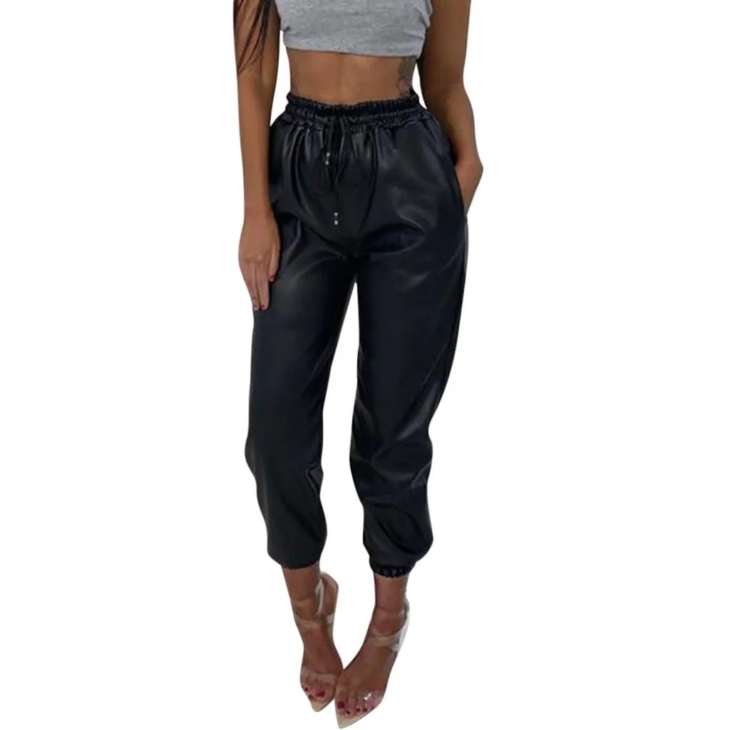 Women Pants PU Leather Harem Pants Casual High Waist Elastic Faux Leather Trousers For Female Pants Streetwear#Zer