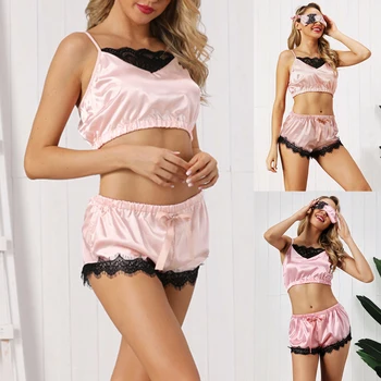 

2020 Womens Pajamas Set 2 PC Lingerie Lace Nightdress Underwear Sleeveless Solid Pyjama Fashion Sexy Satin Sleepwear Femme