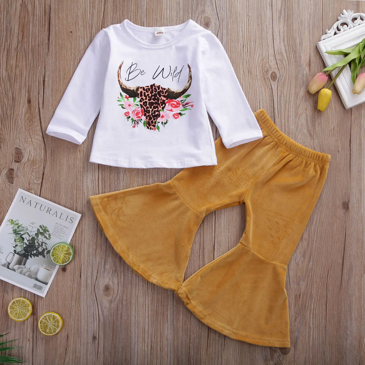 Emmaaby/комплект из 2 предметов для маленьких девочек футболка с длинными рукавами+ однотонные расклешенные штаны; осенняя одежда для малышей; спортивный костюм