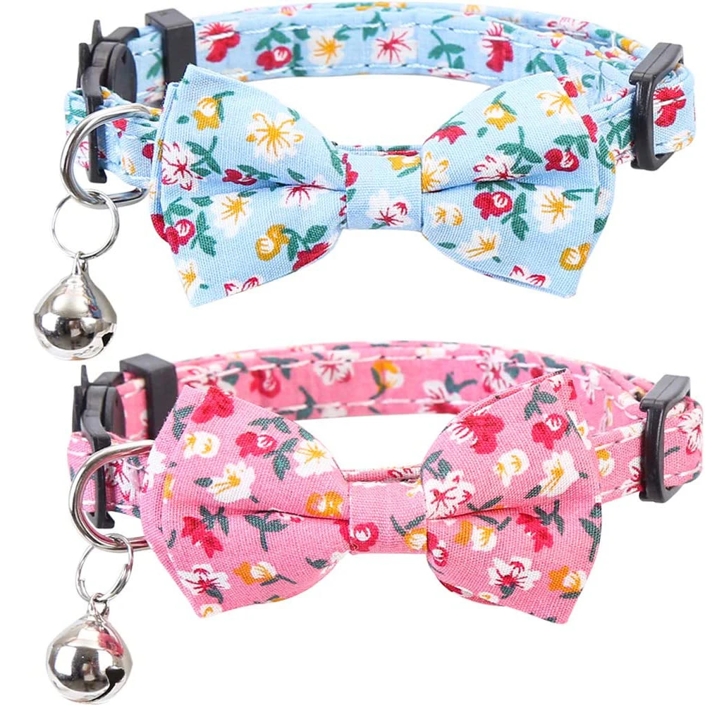 

Bowtie Cat Collar with Bell Floral Patterns 2 Pack Set Flower Adjustable Safety Breakaway Kitten Collars for Kitty Cats Pets