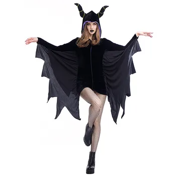 

Black Evil Vampire Bat Costume Jumpsuit Adults Black Bat Mans Scary Bat Sleeping Curse Horn Cosplay Halloween Costumes