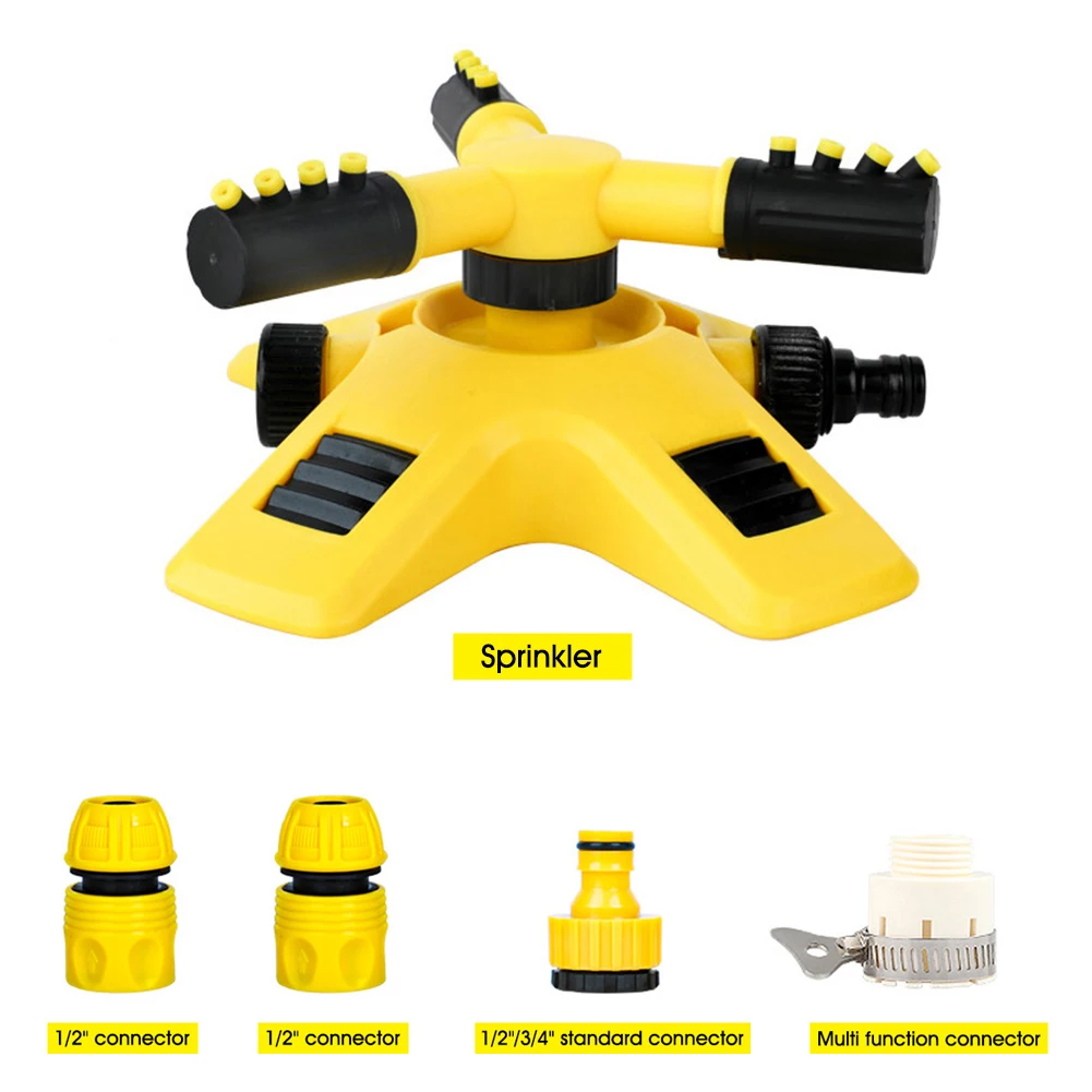 2 Modes Sprinkler Watering System Automatic 360 Degree Rotating Nozzle 3-Arm Grass Lawn Irrigation Sprinkler with Connectors 