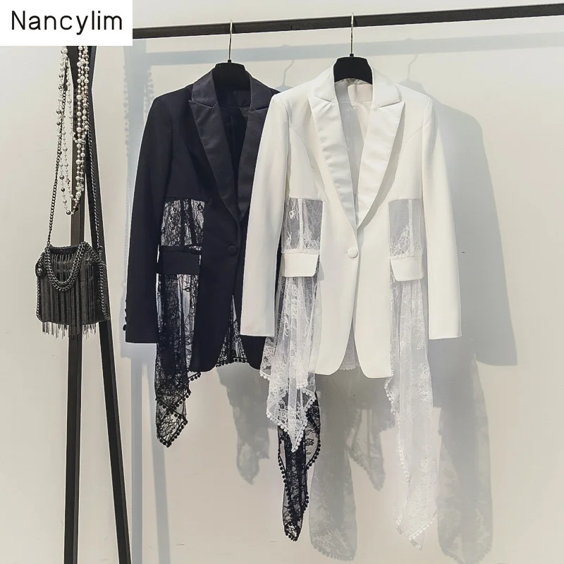 

2019 New Spring Autumn Korean Slim Suit Stitching Mesh Lace Irregular Coat Temperament Lady Blazer Women White Blazers Coats