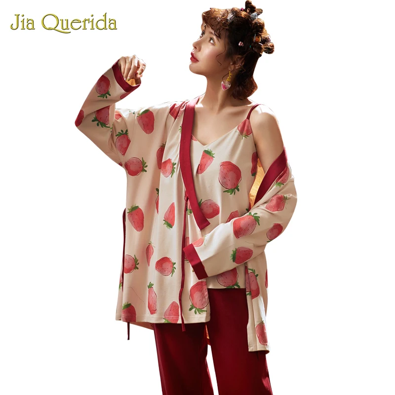 Pajama Sets Women 2020 New Spring Trendy Pjs 100% Cotton Women's 3 Pieces Pyjama Set Japanese Kimono Strawberry Printing Pajamas