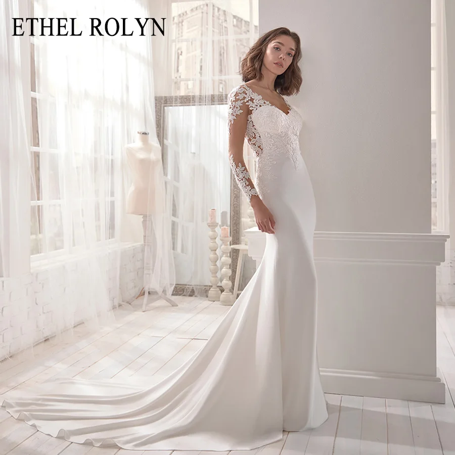 Color as photos ETHEL ROLYN сексуальные романтические свадебные платья с v-образным вырезом и длинным рукавом с аппликацией из мягкого атласа Vestido De Novia - Цвет: Color as photos