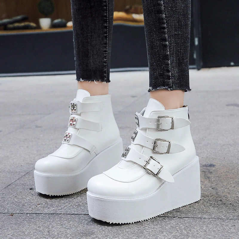 2021 Brand New Metal Buckle Ankle Boots Women Fashion Punk Female High Platform Wedges Heels Shoes Woman | Обувь