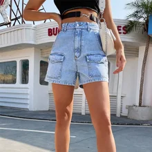 

2021 Spring and Summer Stright High Waist Denim Shorts New Fashion Wash Distressed Button Pockets Jeans Streetwear Casual Shorts