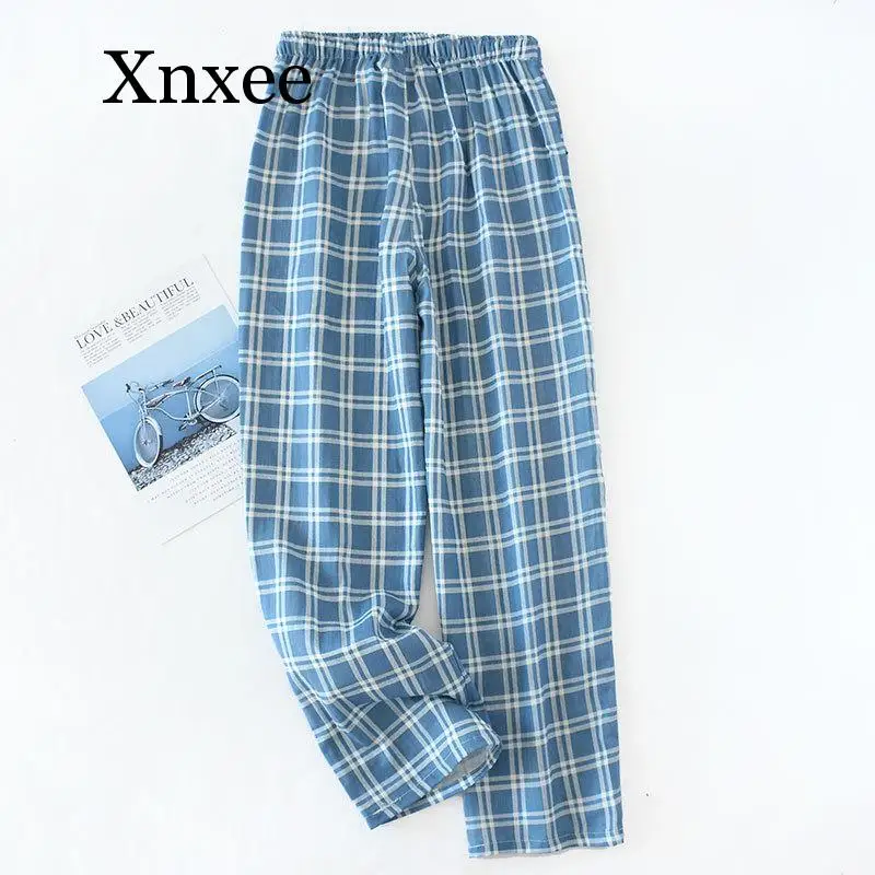 Men's Cotton Gauze Trousers Plaid Knitted Sleep Pants Mens Pajamas Pants Bottoms Sleepwear Pajama Short for Men Pijama Hombre