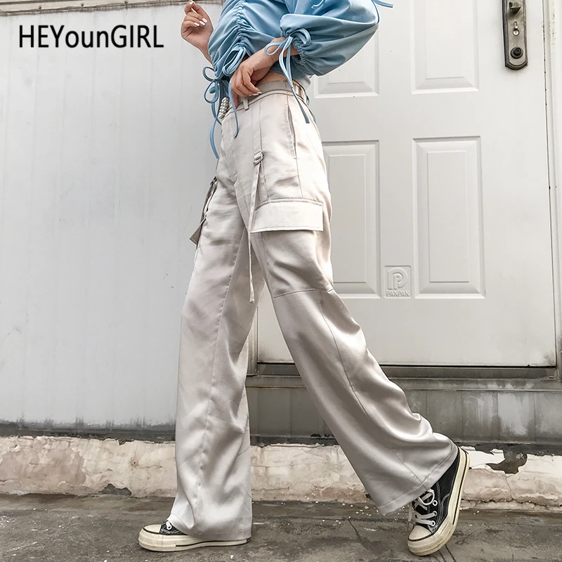 

HEYounGIRL Satin High Waist Pants Capris Casual Loose White Trousers Women Street Wear Elegant Sweatpants with Strips Pocket
