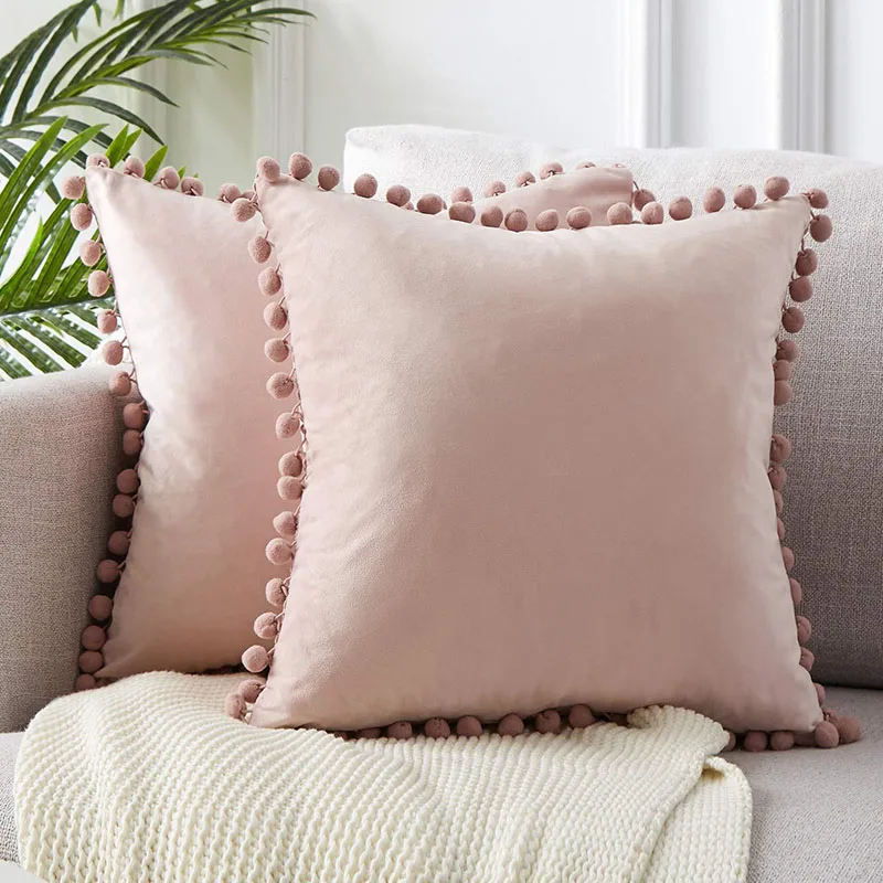 1 шт./2 шт. бархатные мягкие декоративные подушки с кисточками и помпонами, наволочки для дивана, кровати, домашний декор - Цвет: Pink-2pcs