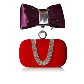 

1pcs Bow Pu Fashion Chain Dinner Bag Clutch Bag Diagonal Purple & 1pcs Suede Velvet Rhinestone Stud One Ring Decor Evening Cockt