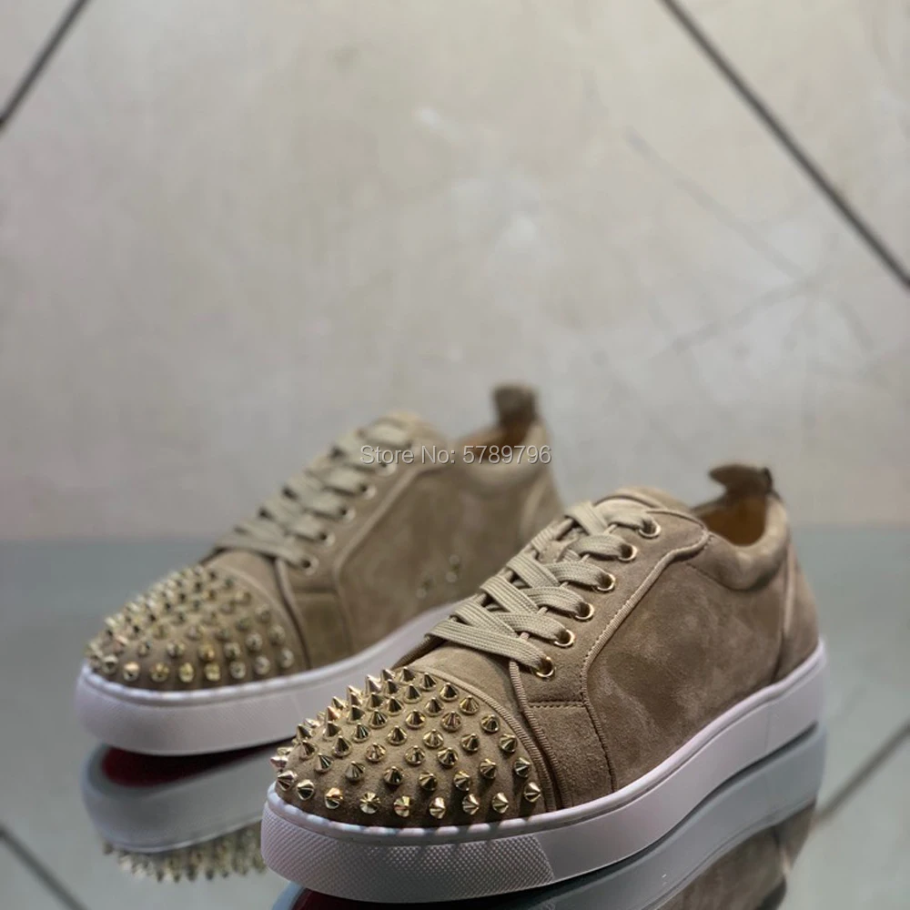 Low Cut Red Bottom Camel Suede Genuine Leather Sport Lazy Shoes For Men Lace Up Casual Flats Loafers Gold Rivets Toecap Sneakers