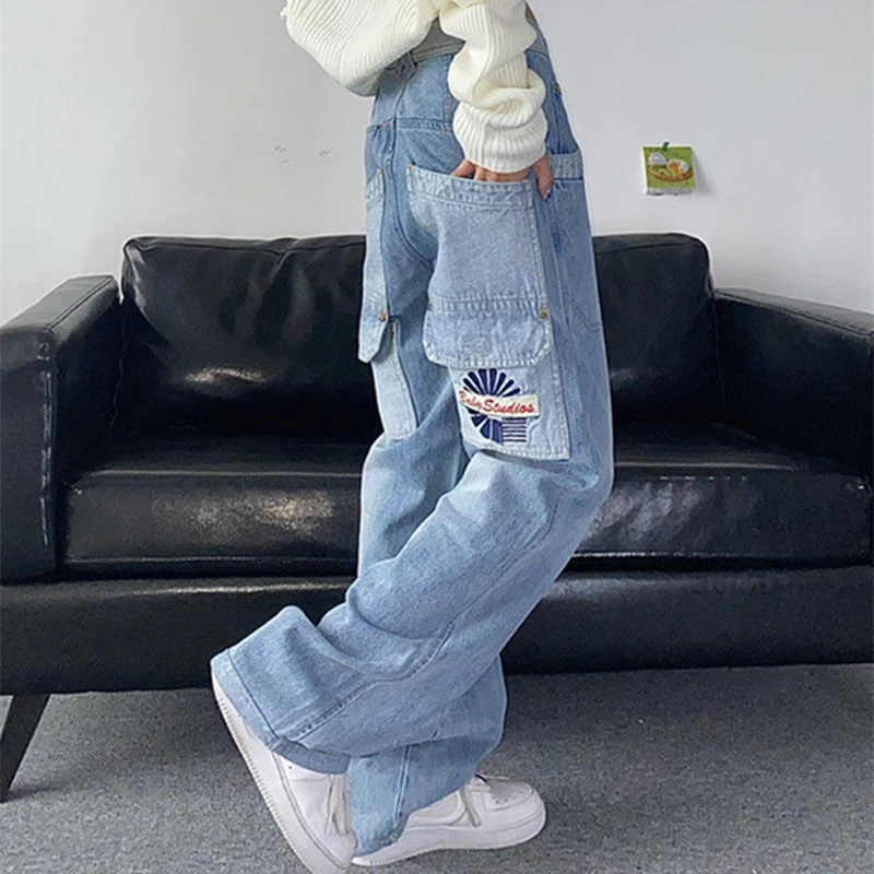 Autumn Loose Casual Men And Women Cargo Pants Straight Jeans Light Blue Hip Hop High Quality Bottoms Simple Couple Denim |