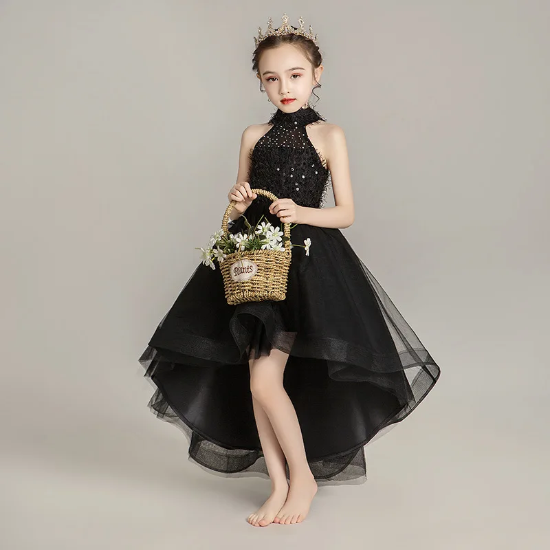 

Little Girl Western Style Catwalks Black And White with Pattern Evening Gown Girls' Princess Skirt Puffy Yarn Girls Host Piano C