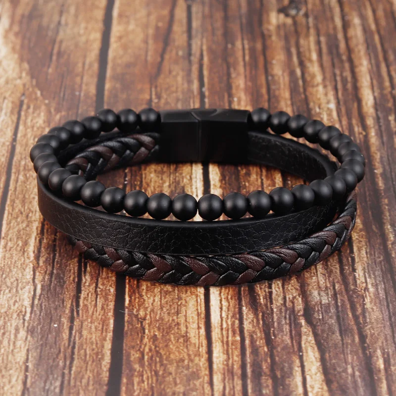 Charm Rope Stainless Steel Magnetic Natural Stone Leather Man Bracelet Beaded Braclet Volcanic Stone bracelet bangles Chain Gift