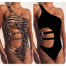 Черно-белый купальник, боди на одно плечо, сексуальный купальник для женщин, цельный, пуш-ап, Леопардовый, с вырезами, Traje De Bano Mujer