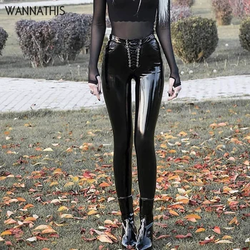 

WannaThis PU leather Leggings Black Front Bandage Pocket Elastic Lace up Hight Waist Slim Women Pencil Pants Streetwear Trousers
