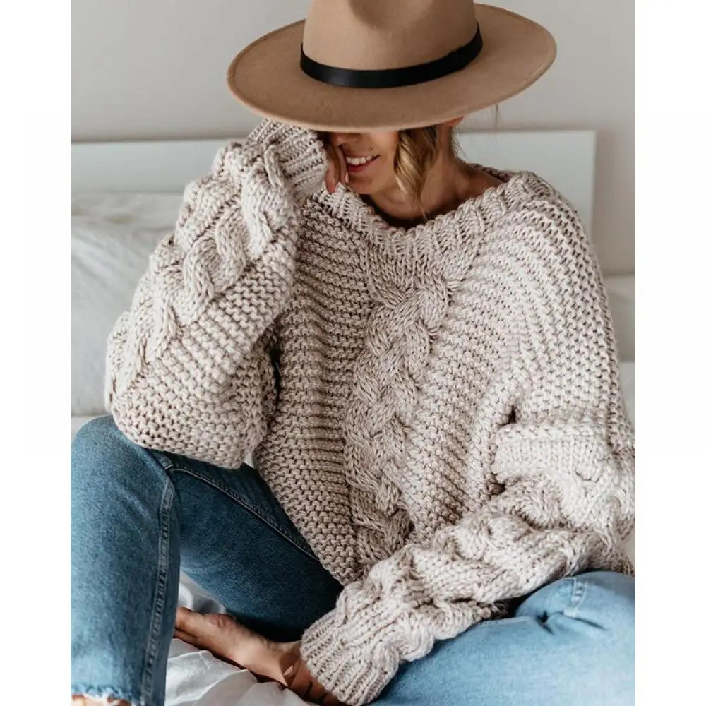 

2020 New Autumn Women Winter Long Sleeve v-neck pullover Sweaters Knitted zipper Winter High Elastic Twist Sweater