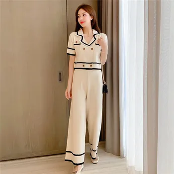 

CBAFU spring summer knitted 2 piece set short sleeve cardigans sweater loose wide legs pants suit women tracksuit knit set F464