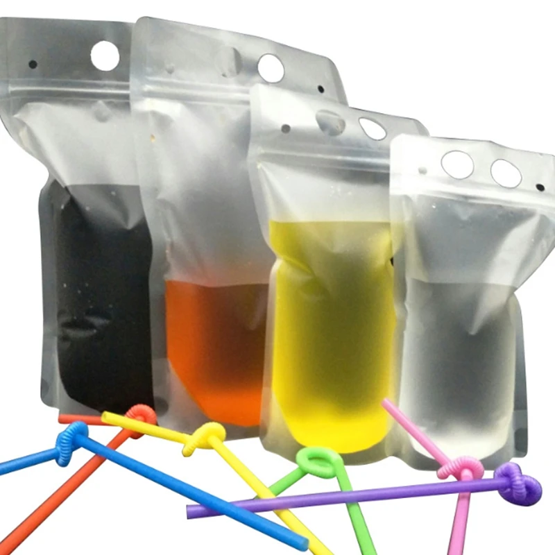 

Прозрачные пакеты для напитков объемом 500 мл, 17 унций, матовый пластиковый пакет для питья на молнии с соломинкой и повторно закрывающимся термостойким держателем