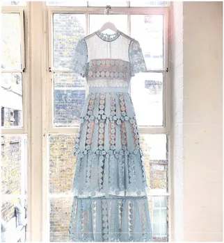 

YAMDI runway a-line short sleeve summer elegant vintage dresses women 2020 party boho dress sexy bohemian solid hollow out cake