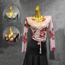 Топы Для латинских танцев, женские сетчатые рубашки из спандекса спереди и сзади с длинными рукавами для взрослых женщин, конкурентоспособные топы для латинских танцев VDB1117