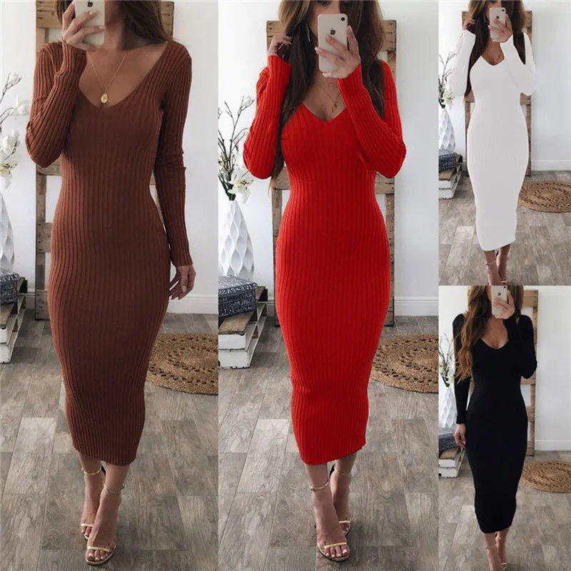 

2019 Autumn-Winter warm Sweater Dress women V-Neck Long Sleeve Mid-Calf Long dresses Slim fit Package hip Office Sexy Vestidos Inner Casual bottom Dress