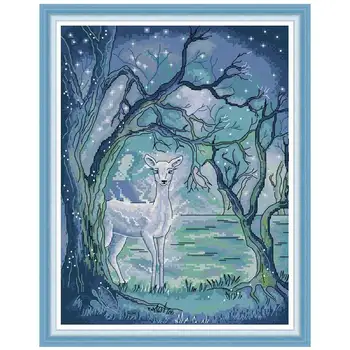 

Silver deer in Aurora counted printed on the canvas 11CT 14CT DIY kit Cross Stitch embroidery needlework Sets home decor
