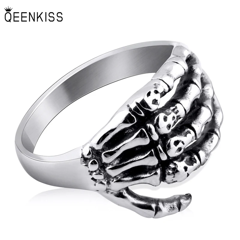 

QEENKISS RG8124 Fine Jewelry Wholesale Fashion Trendy Man Birthday Wedding Gift Hiphop Retro Old Skull Hand Titanium Steel Ring