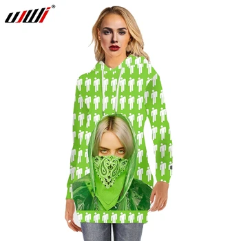 

UWI 2019 3D Print Celebrity billie eilish Green Loose Womens Casual Long Hoodie Dress Hoodie Coat Tracksuits Sportswear Women