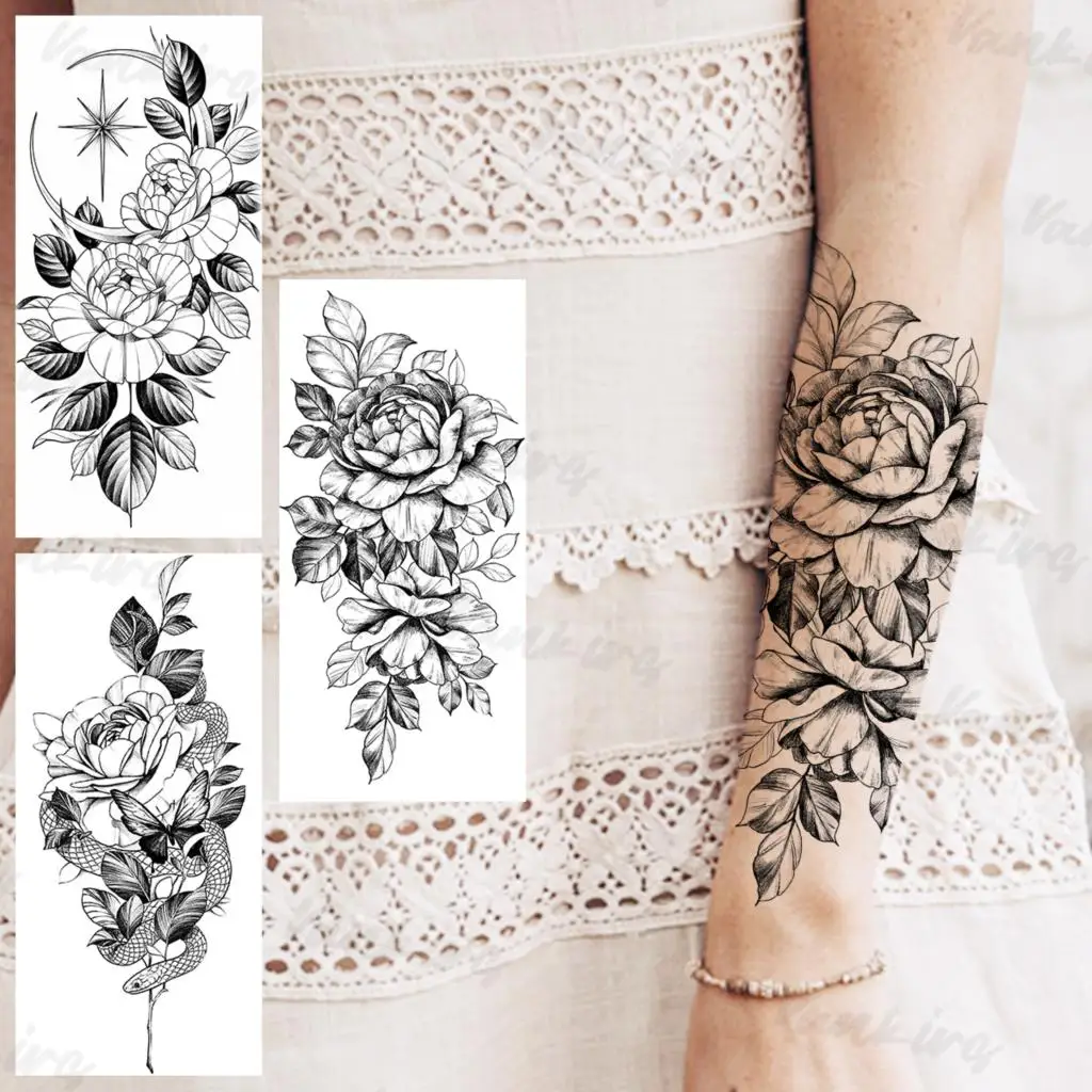 

Black Dahlia Temporary Tattoos For Women Girls Realistic Moon Snake Rose Flower Fake Tattoo Sticker Waterproof Forearm Tatoos