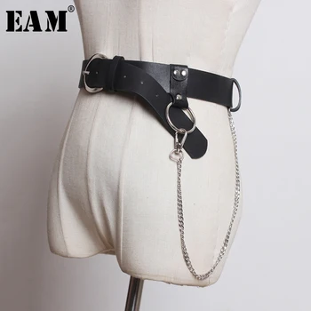 

[EAM] Pu Leather Black Buckle Chain Split Long Wide Belt Personality Women New Fashion Tide All-match Spring 2020 1N849