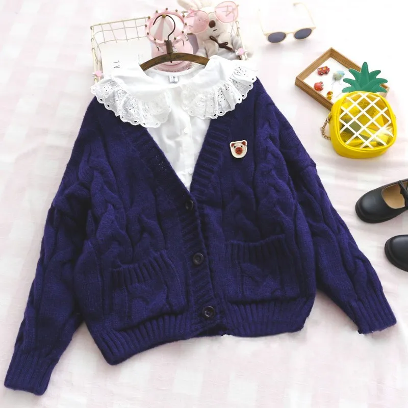 

Twisted v-neck loose sweet cartoon brooch sweater casual cardigan female