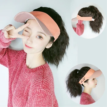 

Short Curly Ponytail Synthetic Wig With Hat Summer Sun Visor Cap Sports Beach Golf Outdoor Running Empty Top Hat For Women